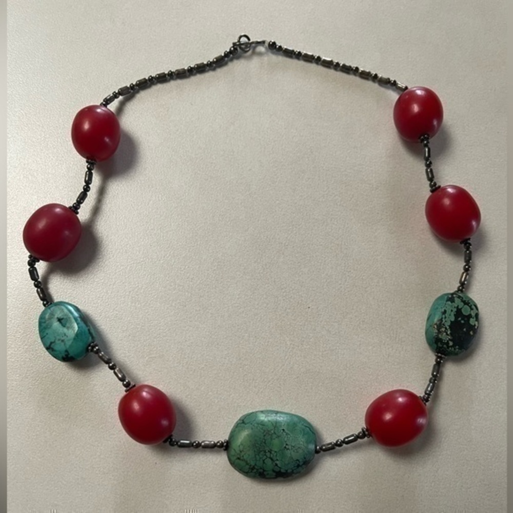 Vintage Stone Metal and Acrylic Bead Festival Statement Necklace
